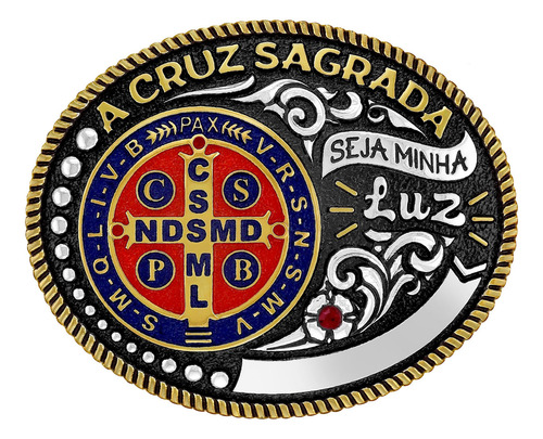 Fivela Country São Bento A Cruz Sagrada Tam M 15503fj Pd De Zamac Cor Prateada E Desenho Da Fivela Escudo de São Bento Tamanho M Com Strass Rubi E Fundo Preto