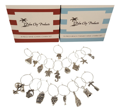 Bundle Of Two Wine Charm Sets 18 Pieces Total, Beach And