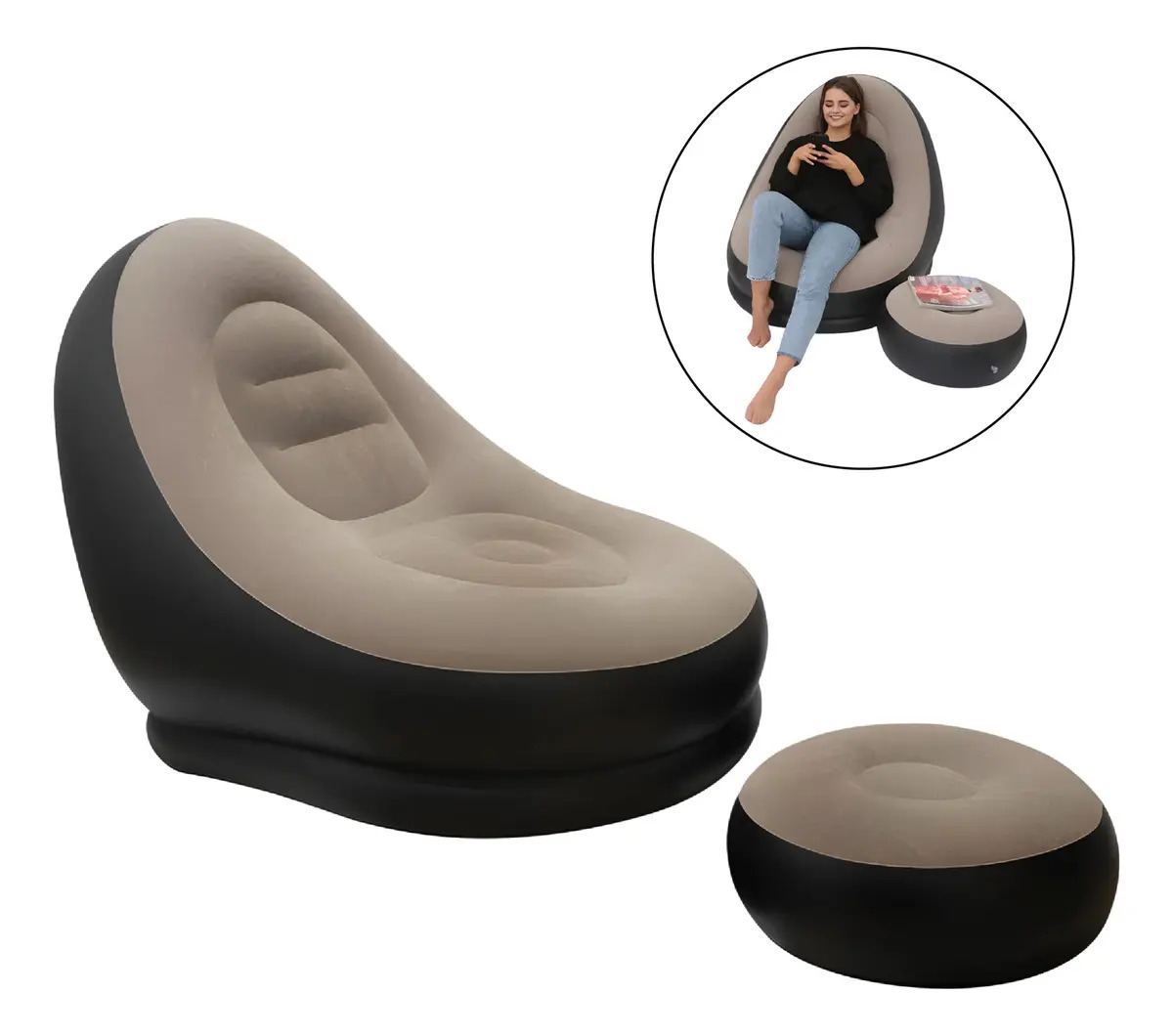 Sillón Inflable Puff Impermeable + Reposapiés Portátil Color Café