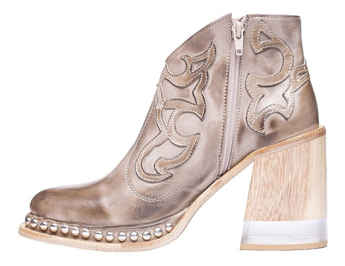 Botineta Texana De Cuero Taco Combinado Vira De Tachas