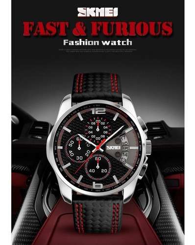 Reloj Caballeros Skmei 9106 Cuero, Negro / Rojo
