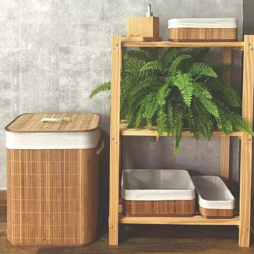Cesto Bambu Forrado Roupas Sujas Multiuso E Organizador 40x30x60 Easy Decor
