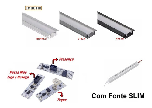 02 Perfil Alumínio Embutir Slim 60cm C/ Fita Led E Sensor