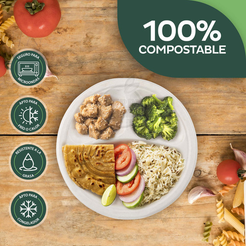 Berry Green 125 platos grandes con divisiones 25.8 cm (10 pulgadas) compostables de fibra de caña de azúcar resistentes a líquidos ecológicos ideales para comidas completas