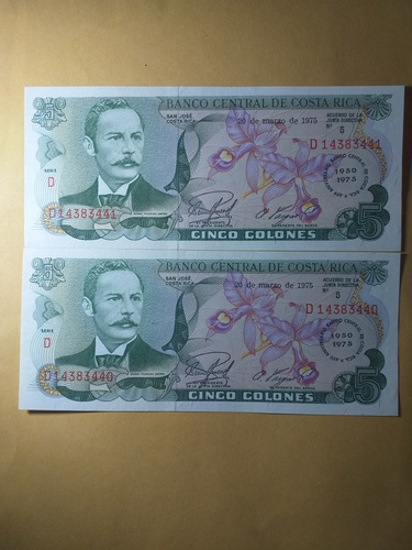 Imagen 1 de 2 de Billetes Conmemorativos 5 Colones 1975 Costa Rica Unc.