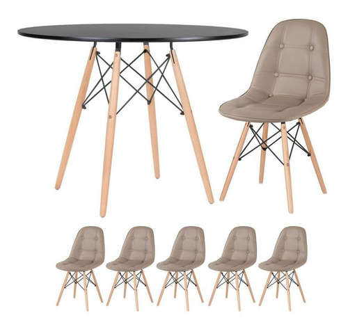 Mesa Jantar Eames Wood 100 Cm + 5 Cadeiras Estofadas Botonê Cor Mesa preto com cadeiras nude