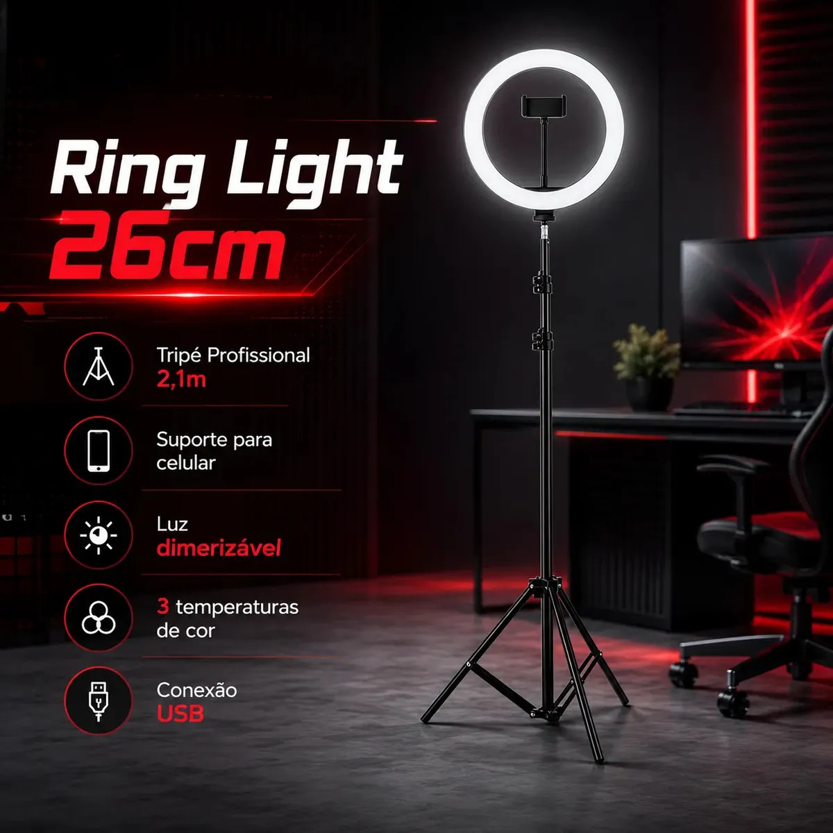 Ringlinght Led Lumi Luz Flash Estudio Profissional Com Tripe 210m Cor Preto 18W Pontokit