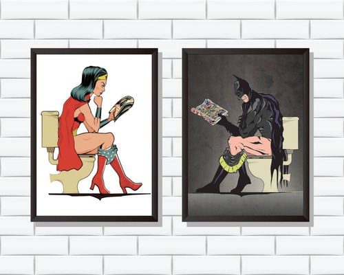 Quadro Mulher Maravilha E Batman No Banheiro 33x24 C/ Vidro