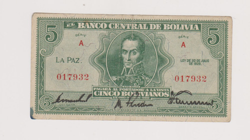 Billete Bolivia 5 Bolivianos Año 1928 Muy Bueno ++ (129)