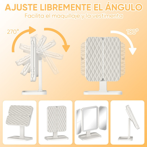 Espejo De Maquillaje Triple Plegable Con Luz Led Y Aumento