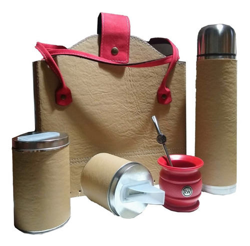 Set Matero Kit Cartera Beige Y Rojo Termo 1 L Doble Capa 