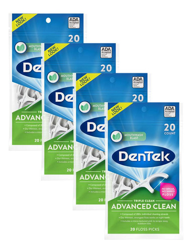 Kit 4 Fios Dental Dentek Floss Picks Triple Clean Advan 20un