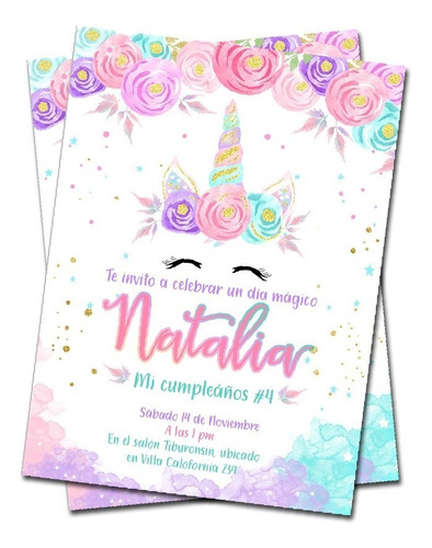 Invitación De Unicornio Con Flores Más Etiquetas De Regalo