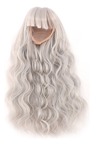 Peluca Gris Con Flequillo Liso, Pelo Largo Y Rizado, Para Br