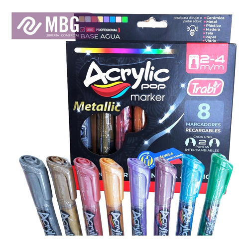 Imagen 5 de 7 de Marcadores Trabi Acrylic Pop 2-4mm Metallic X 8 Unidades