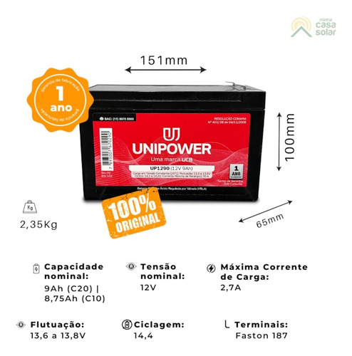 Unipower Bateria 12v 9ah Alarmes Cercas Nobreak - Outlet (Usado)