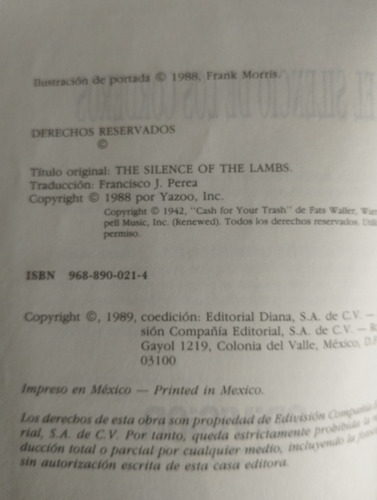 El Silencio De Los Corderos Thomas Harris Libro P (Usado)