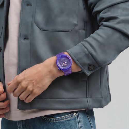 Reloj Swatch Purple Joy Sb05v103 Correa Púrpura Bisel Púrpura Fondo Púrpura