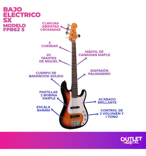 Sx Bajo 5 Cuerdas Sx Fpb-62 Cuerpo Solido Con Funda
