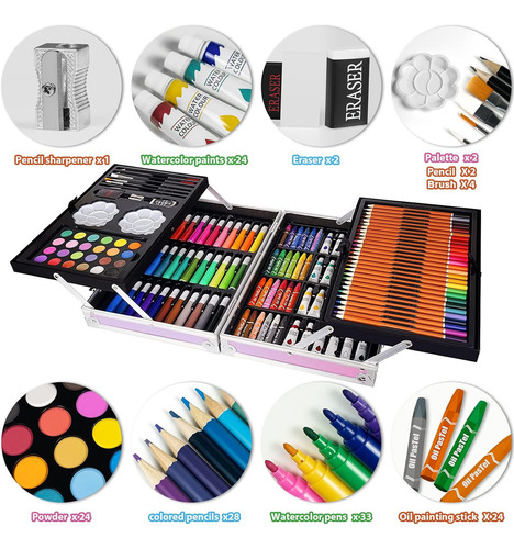 Kit Artístico Profesional 145 Piezas Colores Y Lápices Rosa