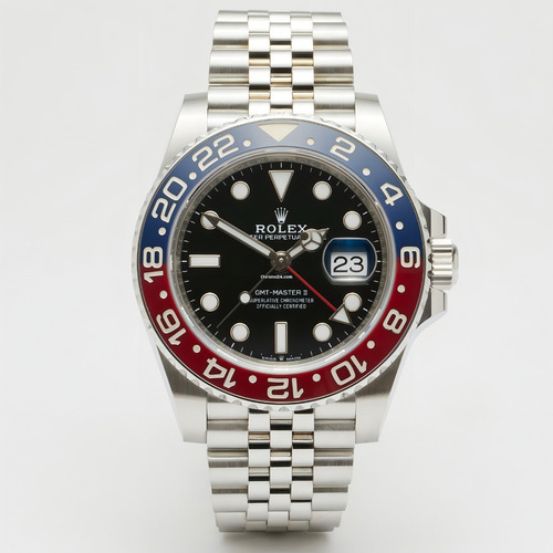 Relógio Rolex Gmt Master Pepsi B. Eta - Gmt 100% Funcional Correia Prateado Fundo Preto