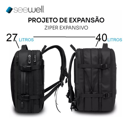 Mochila Bolsa Executiva P/ Viagem Expansível Entre 27-40l Preto