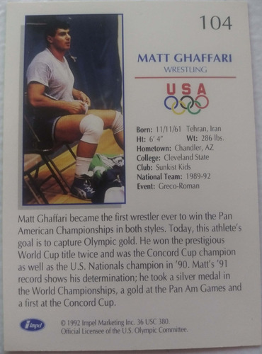 Matt Ghaffari Signed Olympic Card
