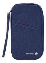 Comprar Organizador Viaje Porta Pasaporte Documento Celular Tarjeta Color Azul Oscuro Diseño De La Tela Lisa