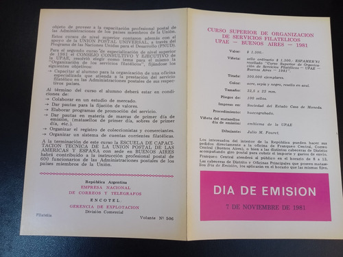 Cuadernillo Día Emisión Estampilla Curso Organización Upae (Usado)