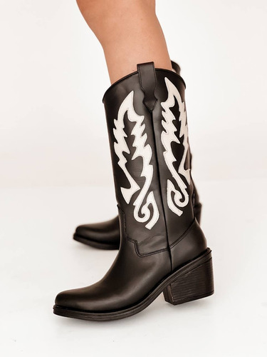 Botas Texanas Mujer Cuero Caña Media Taco Foliado Malaga