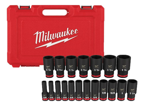 Milwaukee Juego de 19 piezas de dados de impacto SAE de 6 puntos de 1/2 pulgada de drive SHOCKWAVE