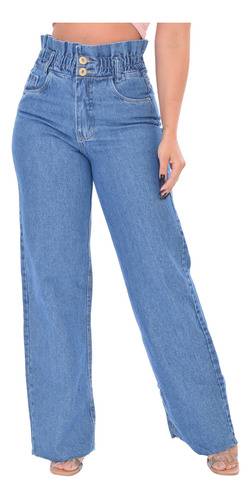 Calça Jeans Cintura Alta Feminina Flare Wide Leg