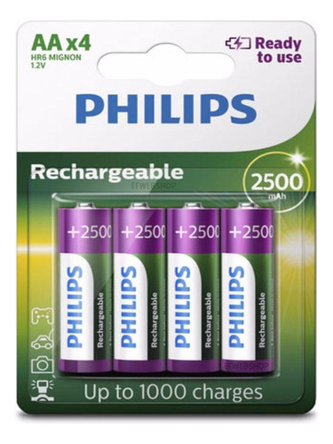 Pilha Recarregavel Philips Aa De 2500mah 4 Unidades 1.2v