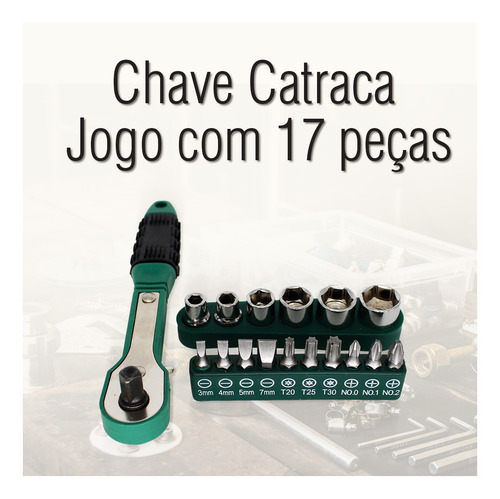 Imagem 2 de 6 de Kit De Chaves Catraca Soquete Bits Fenda Philips 17 Peças