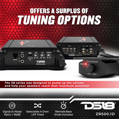 Amplificador de Audio Para Automóvil DS18 ZR500.1D ZR Series 1500 Watts Máximo 1 Canal Monoblock Clase D Color Negro