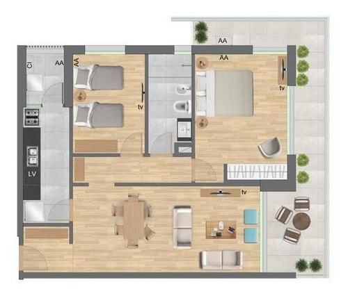 Apartamento 2 Dormitorios, 1 Baño, Vista Al Lago, Terraza, Piso Medio