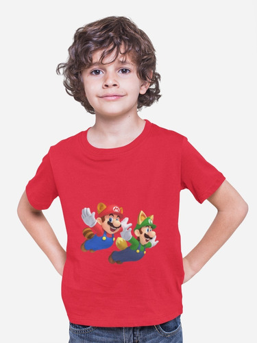 Polera Infantil Unisex Mario Bros Super Mapache Estampado