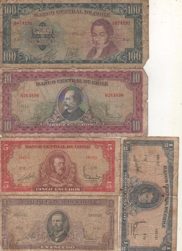 Chile Lote De 5 Billetes Diferentes Escudos