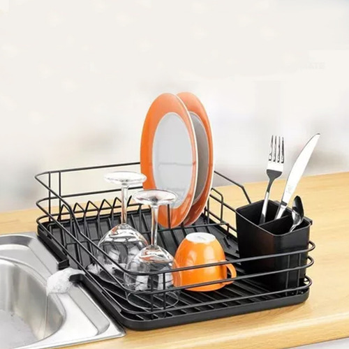 Seca Platos Escurridor C/bandeja Y Drenaje Metal Negro 13380