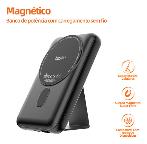 Basike Power Bank 10000mah com Carga Rápida 15W Sem Fio e 22 W USB Bateria Externa Recarregável para iPhone 15 14 13 12 Series Compatível com Wireless Charging