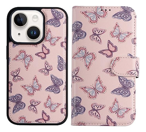 Funda Cartera Para iPhone 14 Cute Butterflies 6.1puLG Piel S