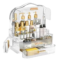 Comprar Organizador De Maquillaje Jazak \u002F Porta Cosmeticos \u002F Acrilico Transparente \u002F 2 Cajones \u002F 2 Puertas \u002F Ideal Make Up \u002F Labiales \u002F Cremas \u002F Perfumes \u002F Brochas \u002F Manija Para Transportar \u002F Diseño Calidad