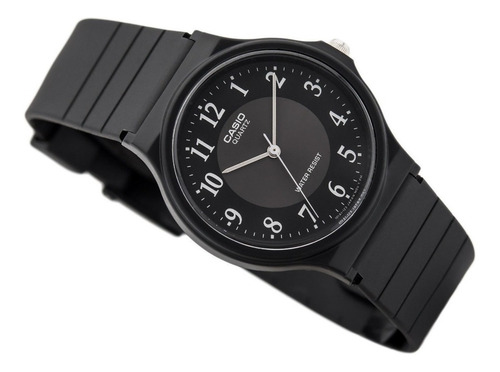 Reloj de pulsera Casio Collection MQ-24 de cuerpo color negro, analógico, fondo negro, con correa de resina color negro, agujas color blanco, dial blanco, minutero/segundero blanco, bisel color negro y hebilla simple