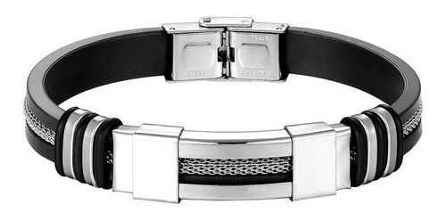 Bracelete Pulseira Masculina De Aço Prateada E Silicone