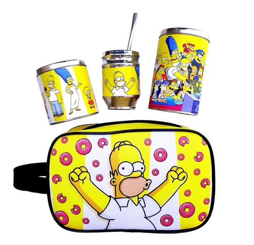 Imagen 1 de 9 de Kit Matero Neceser Los Simpson Yerbera Azucarera Mate Madera