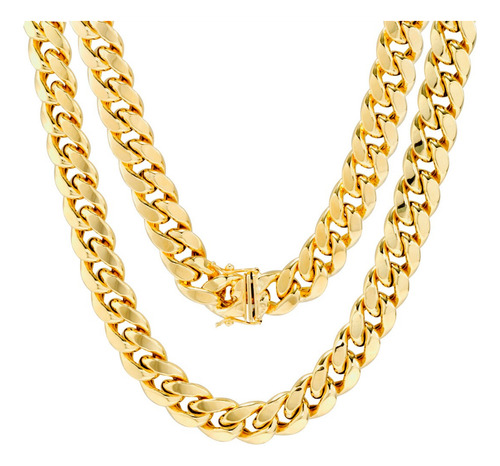 Cadena Barbada Cubana Miami Oro 14k 60cm 11mm Italiano Caja Color Dorado