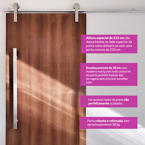 Porta Imbuia 80cm + Kit Correr 1,5m + Puxador 1m Escovado