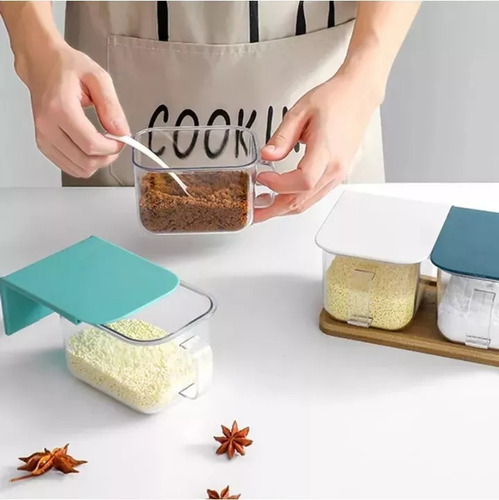 Contenedor Hermetico De Cocina Para Pared Mesada + Cuchara Azul Acero