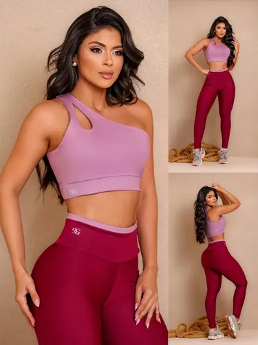 Conjunto  Fitness Top Nula Manga E Calça Academia Bicolor  Marsala P (38)