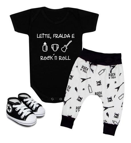 Conjunto Roupa Bebê Estilosa Body Leite Fralda E Rock 3 Peça